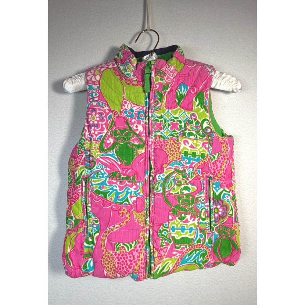 Lilly Pulitzer Puffer Vest Girls Size 8 Pink Green EUC DOWN Reversible Corduroy